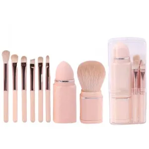 8 in 1 Retractable Makeup Brush Set, Portable Travel Makeup Brushes, Loose Powder Brush, Angle Brush, Eyeshadow Brush, Beauty Sponge, Lip Brush (Pink)