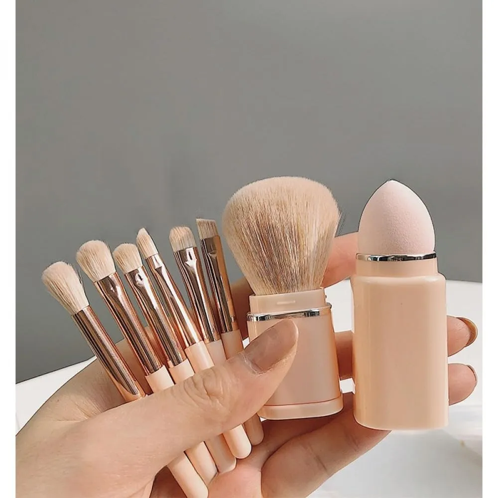 8 in 1 Retractable Makeup Brush Set, Portable Travel Makeup Brushes, Loose Powder Brush, Angle Brush, Eyeshadow Brush, Beauty Sponge, Lip Brush (Pink)