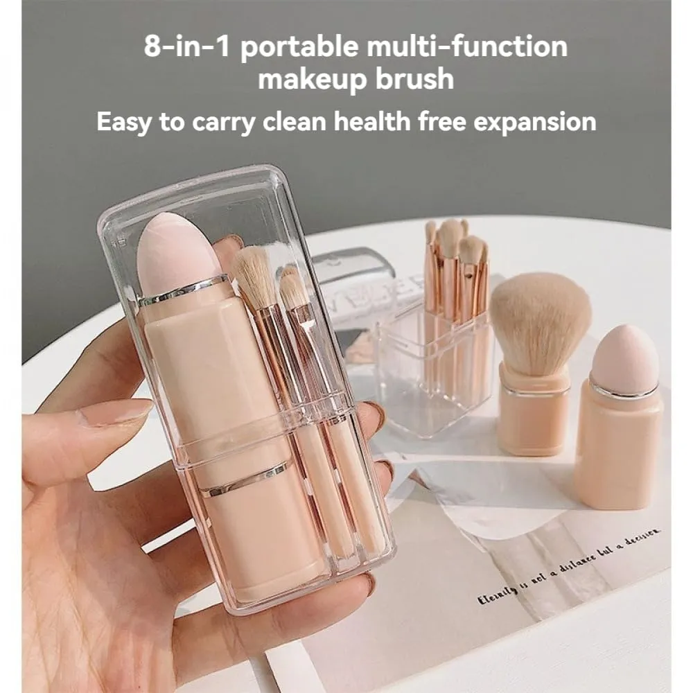 8 in 1 Retractable Makeup Brush Set, Portable Travel Makeup Brushes, Loose Powder Brush, Angle Brush, Eyeshadow Brush, Beauty Sponge, Lip Brush (Pink)