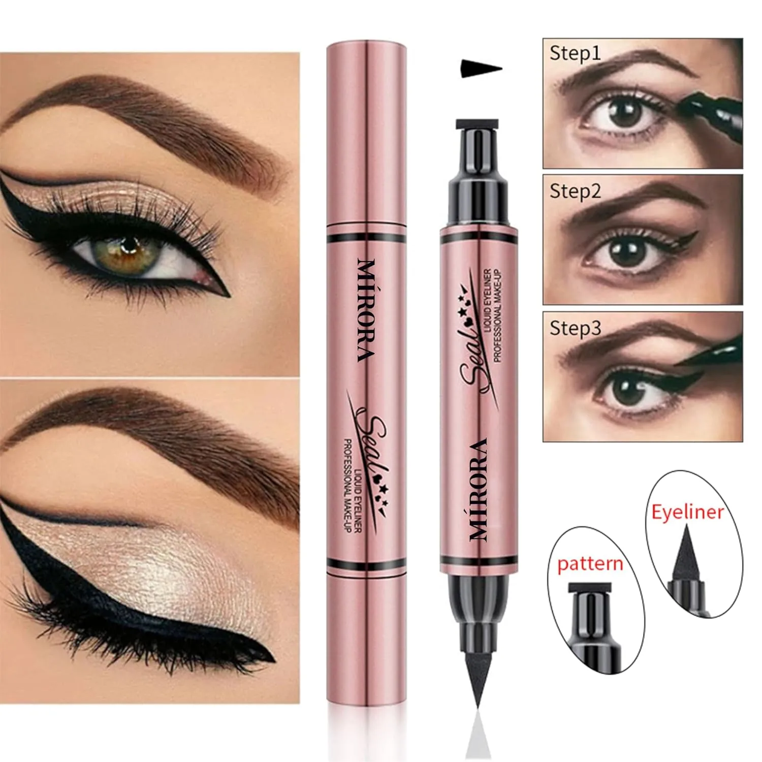 Winged Eyeliner Stamp for All Eye Shapes - Easy Cat Eye Stencil Makeup Tool, SmudgeProof & Waterproof Liquid Eyeliner Pen, Winged Stamp & Star & Heart (Black, Pack of 3)