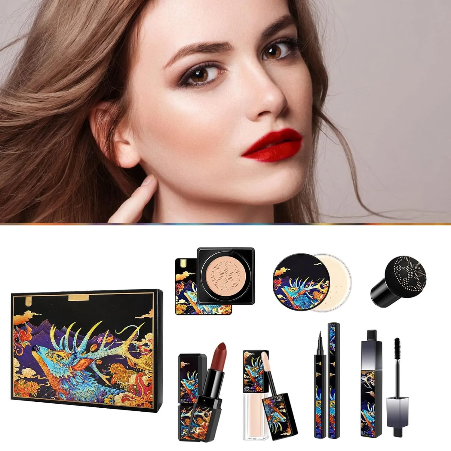 Womens Make up Seven Piece Air Cushion Eyeliner Mascara Concealer Setting Powder Lipstick Makeup Complete Makeup Makeup Set Gift For Novice Practice 10ml Makeup for Teenagers Girls